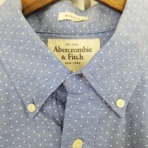 Abercrombie & Fitch Mens Muscle Fit Polka Dot Button Down Shirt Blue White L NEW